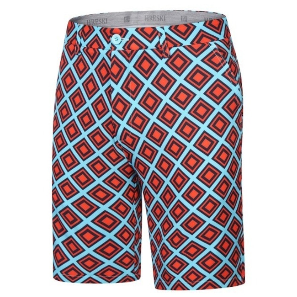 Hreski Mens Golf Shorts Turquoise Red Black Diamond Geometric Flex Waist Size 34